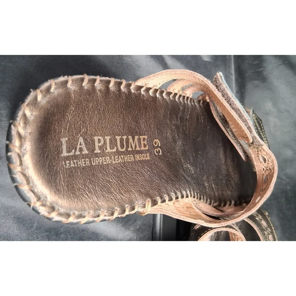 La Plume Metallic Bronze Leather Wedge Slide Sandals Adjustable Straps Size 39